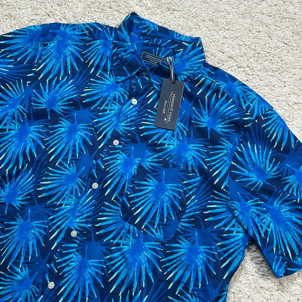 Vineyard Vines Shirt XL Blue Palm Fan Classic Fit Short Sleeve Button Down New